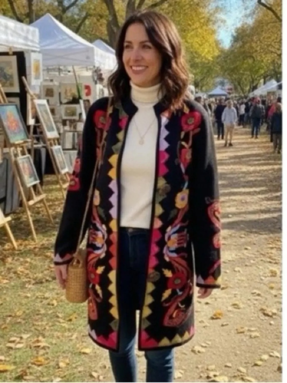 Soft Surroundings black colorful embroidered floral cardigan jacket -Size Medium